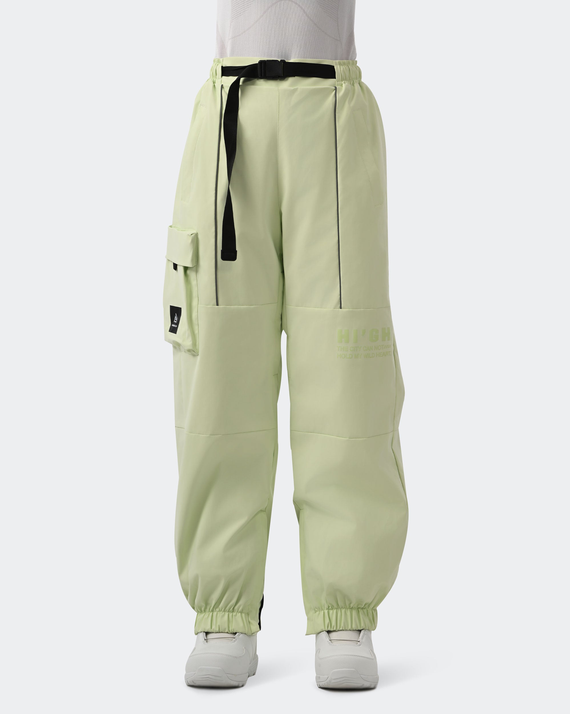 HIGH EXPERIENCE Women's Baggy Ski Pants Olive Green Front View — Waterproof Snowboard Pants
