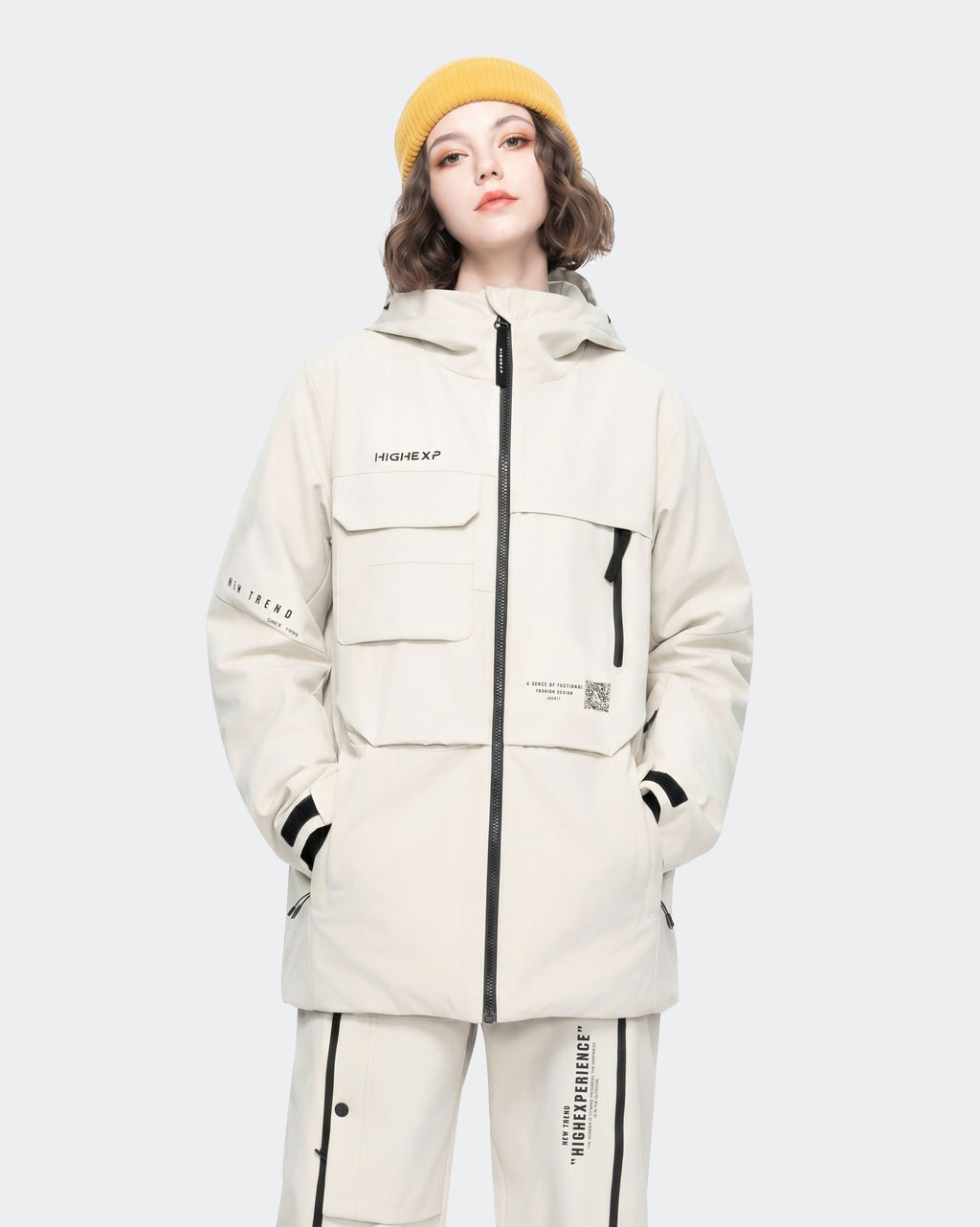 Beige women's waterproof ski jacket front view – HIGH EXPERIENCE