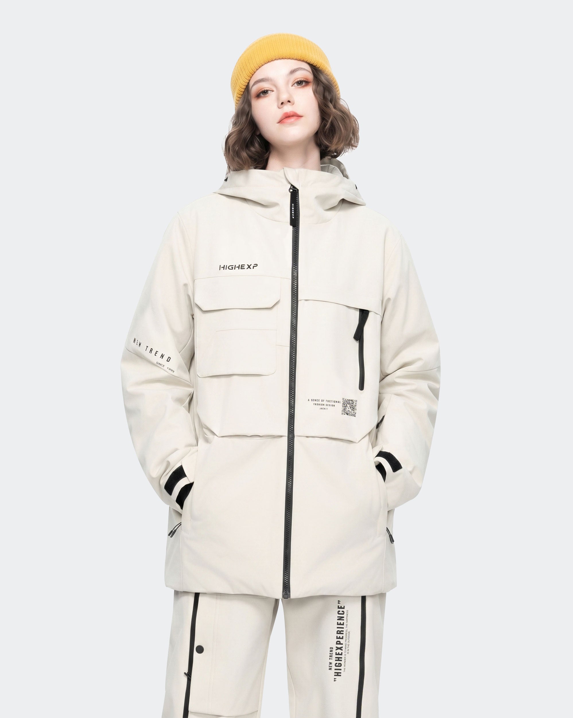Beige women's waterproof ski jacket front view – HIGH EXPERIENCE