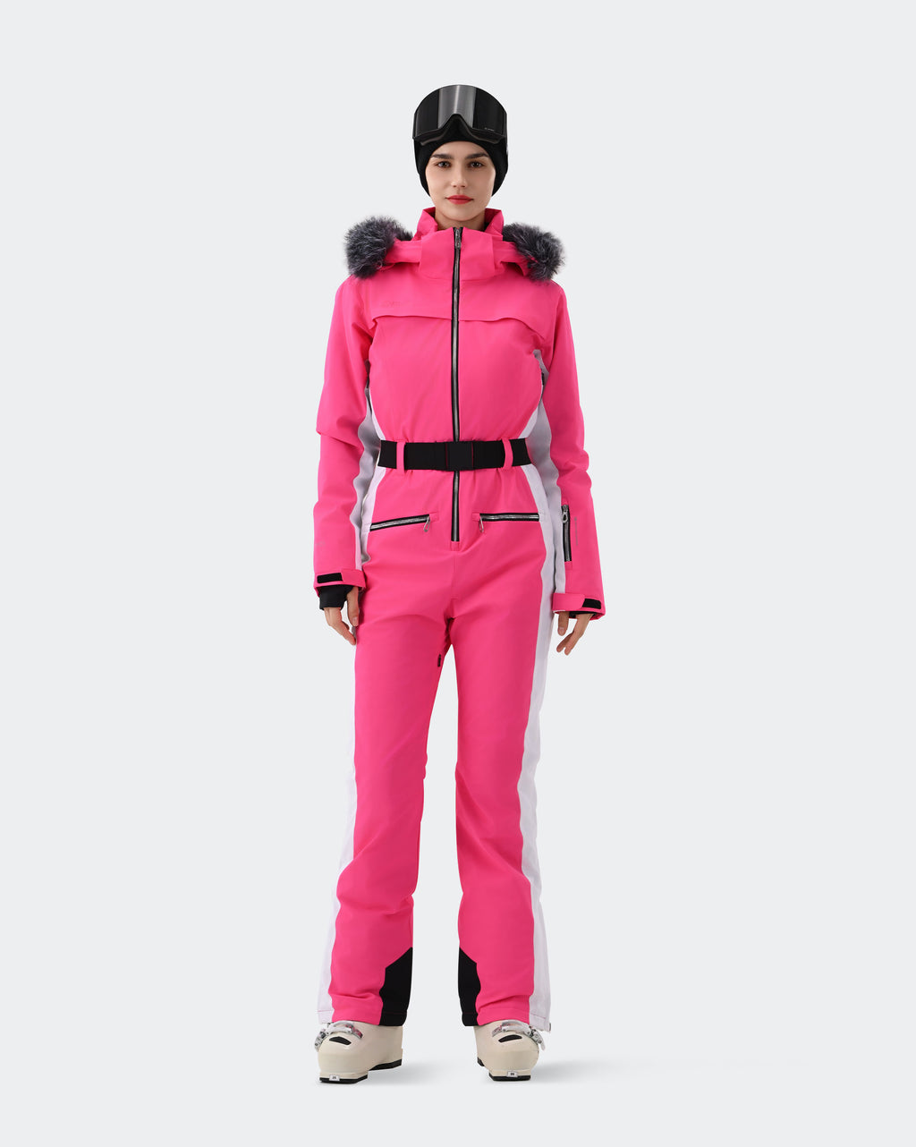 Women's one-piece ski suit front view in Pink Gradient – HIGH EXPERIENCE
