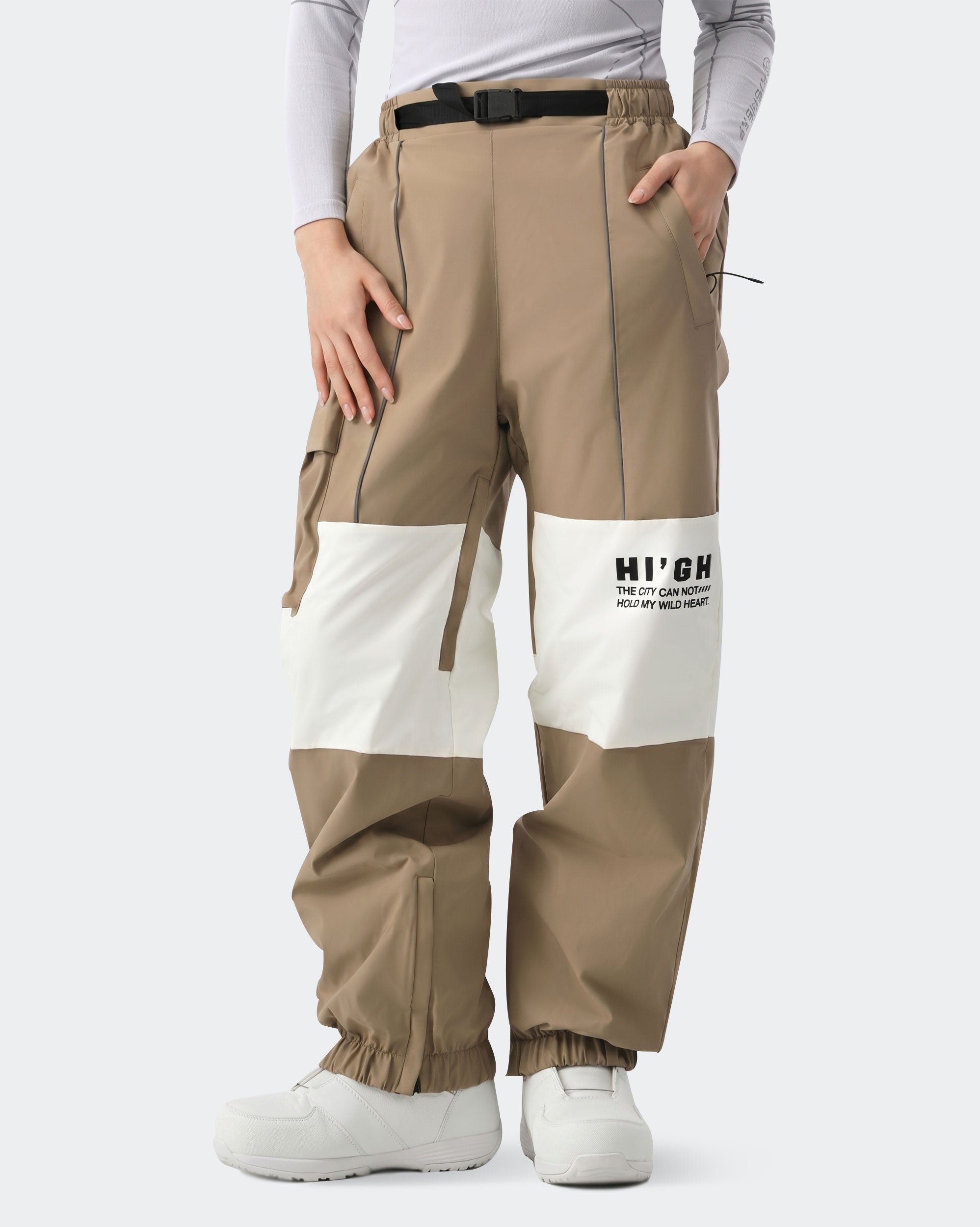 HIGH EXPERIENCE Women's Baggy Ski Pants Khaki On Model Side — Waterproof Snowboard Pants