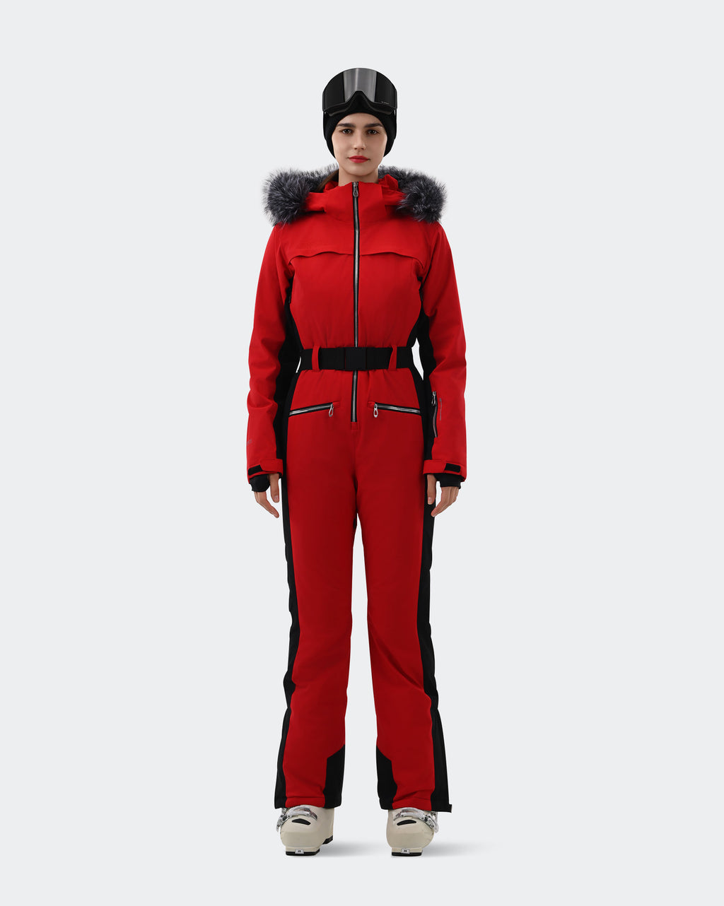 Women's one-piece ski suit front view in Red and Black – HIGH EXPERIENCE
