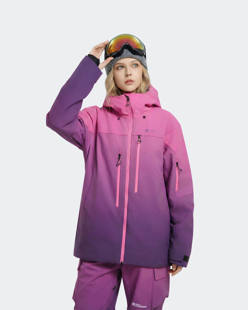 Women's baggy gradient snowboard jacket front view in Purple – HIGH EXPERIENCE
