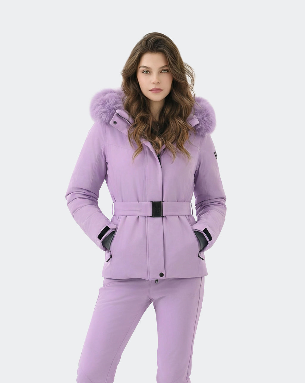 Women's slim fit belted ski jacket front view in Light Purple – HIGH EXPERIENCE
