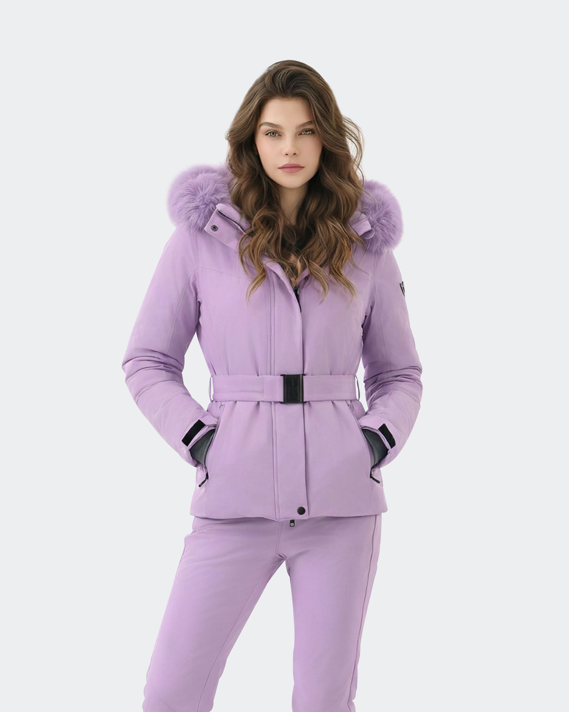 Women's slim fit belted ski jacket front view in Light Purple – HIGH EXPERIENCE
