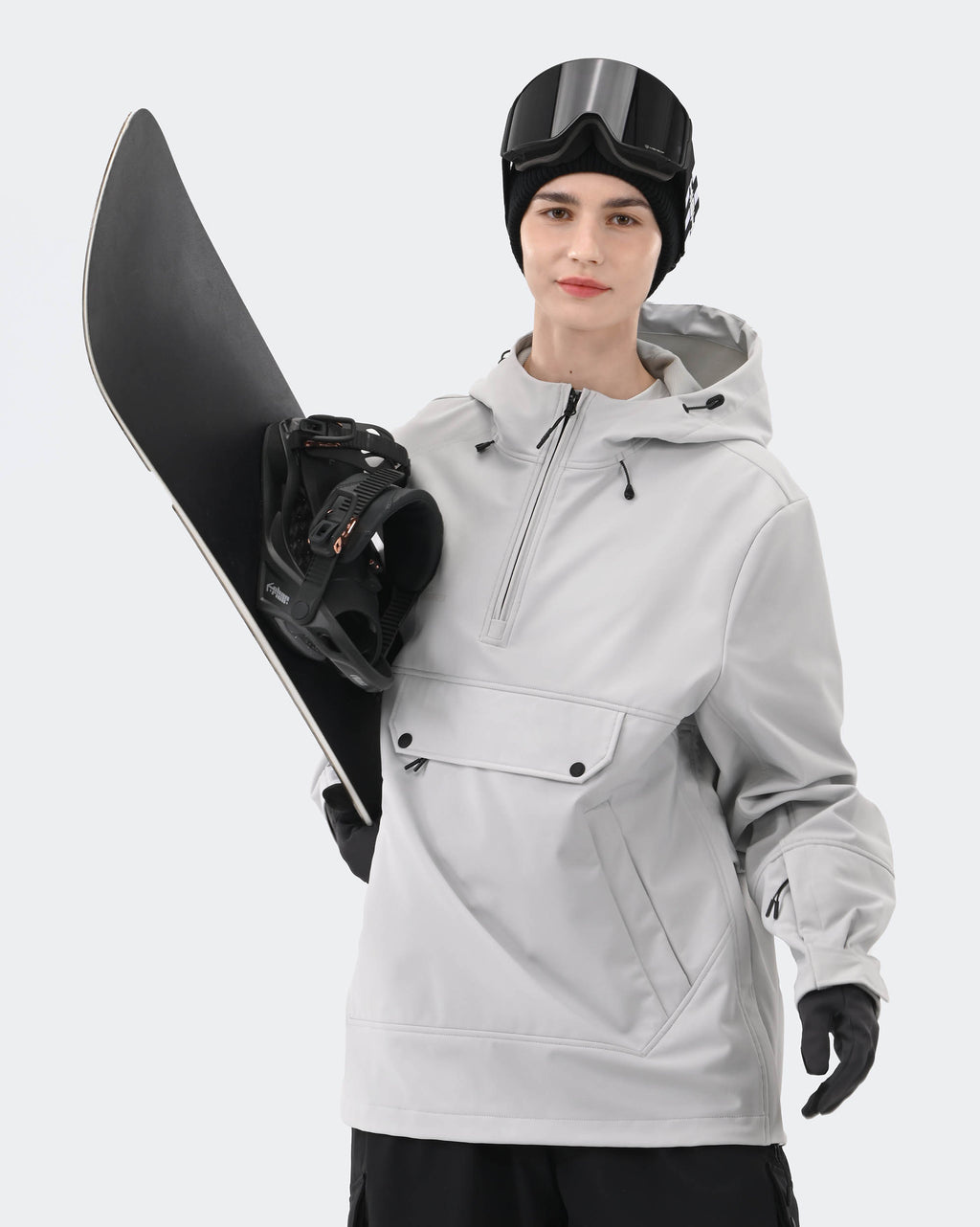 Women wearing Gray waterproof ski hoodie pullover on slopes
