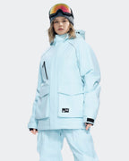 Women's baggy waterproof ski jacket front view in Light Blue – HIGH EXPERIENCE
