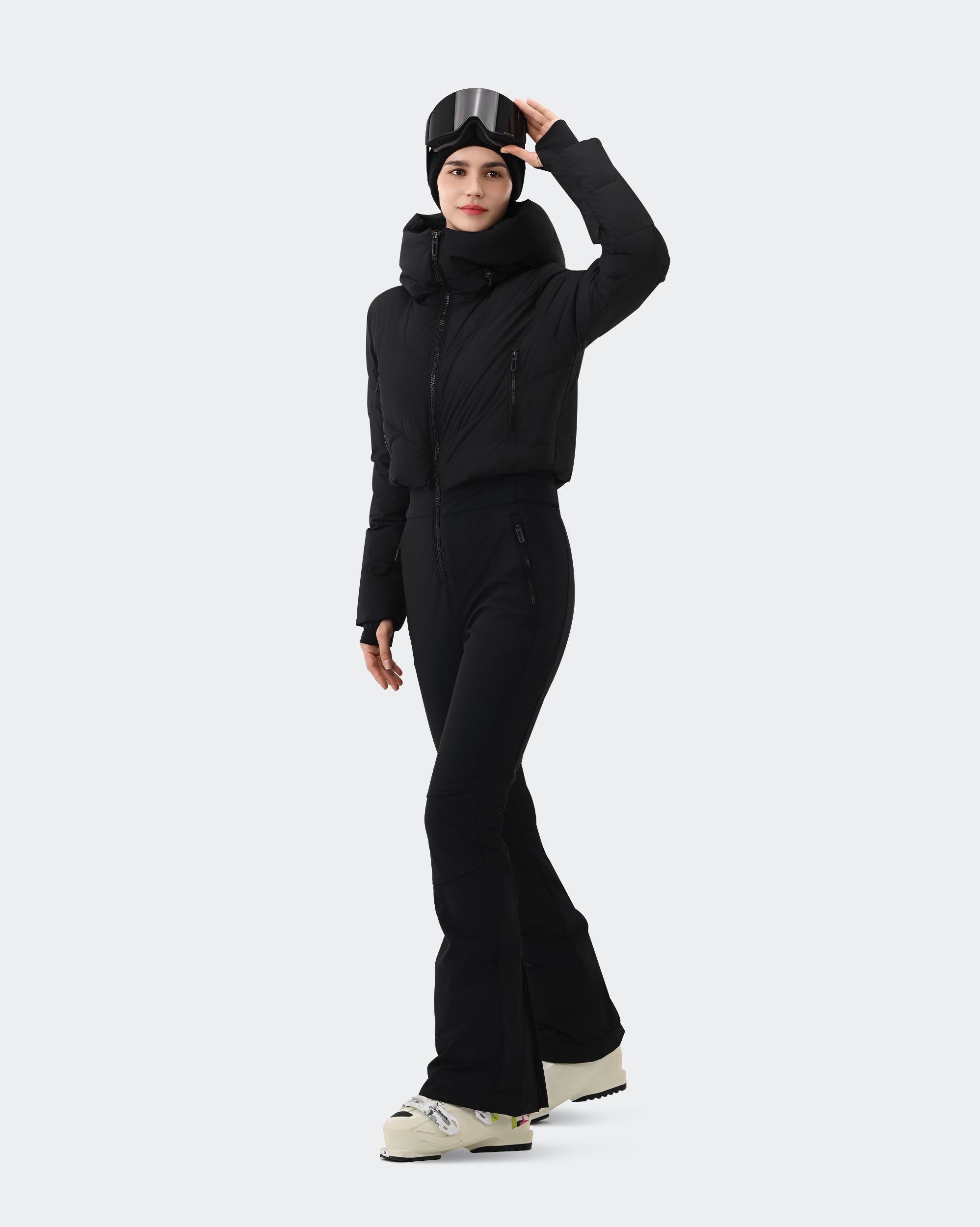 Women's one-piece ski suit front view in Black – HIGH EXPERIENCE
