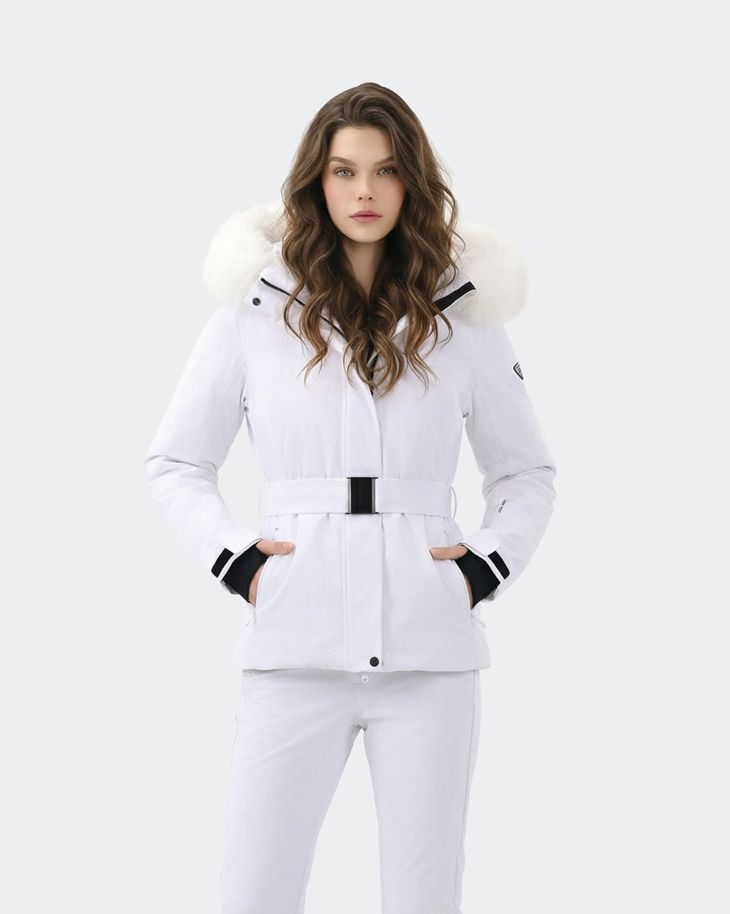 Women's slim fit belted ski jacket front view in White – HIGH EXPERIENCE
