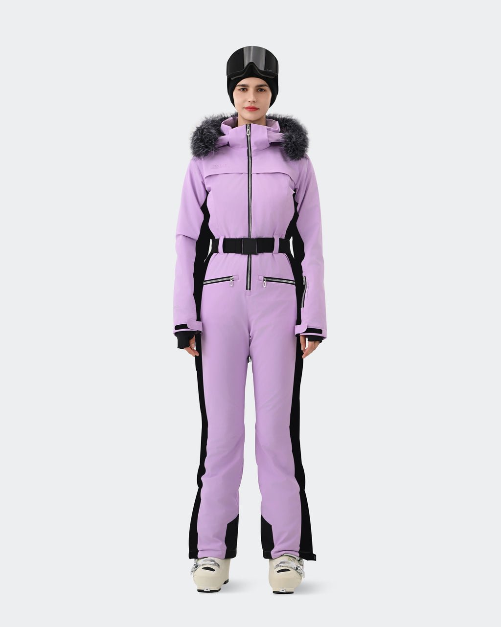 Women's one-piece ski suit front view in Black-Purple – HIGH EXPERIENCE

