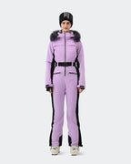 Women's one-piece ski suit front view in Black-Purple – HIGH EXPERIENCE
