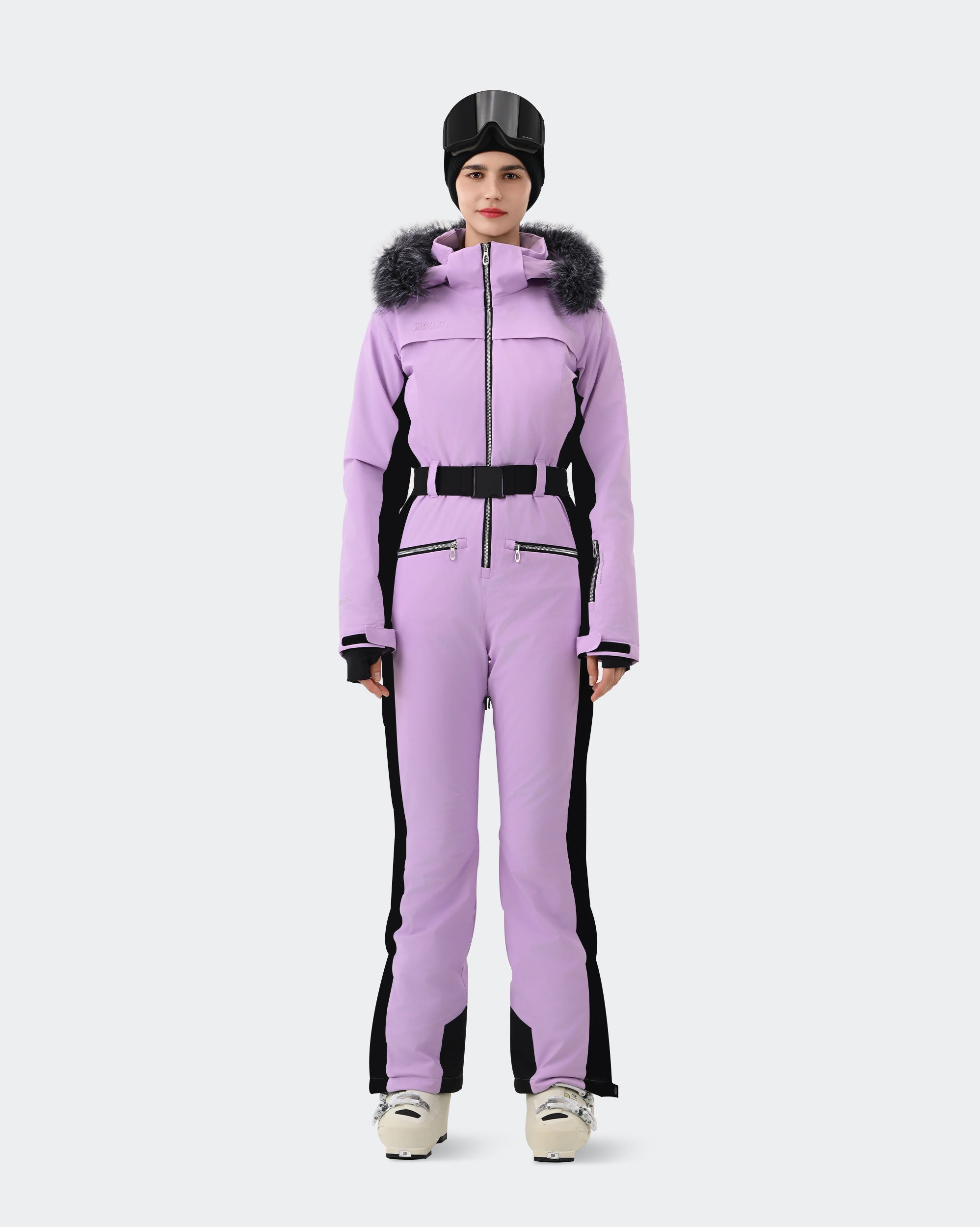 Women's one-piece ski suit front view in Black-Purple – HIGH EXPERIENCE
