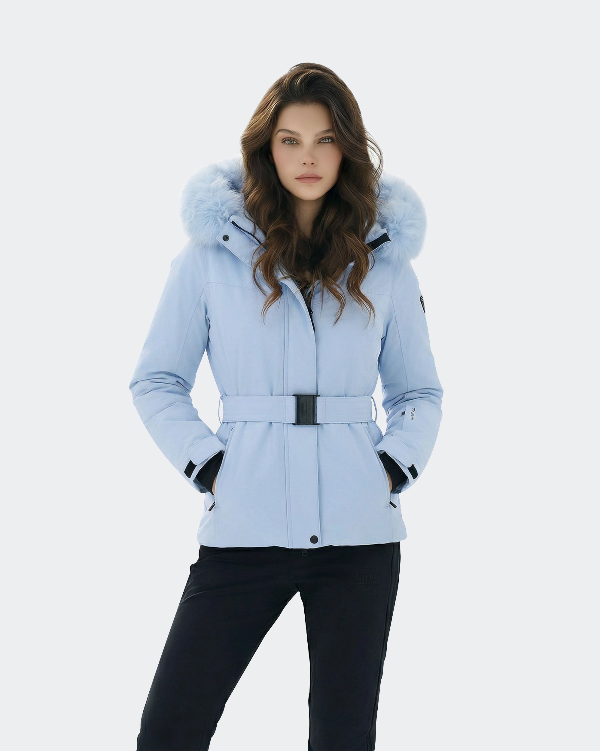 Women's slim fit belted ski jacket front view in Light Blue – HIGH EXPERIENCE
