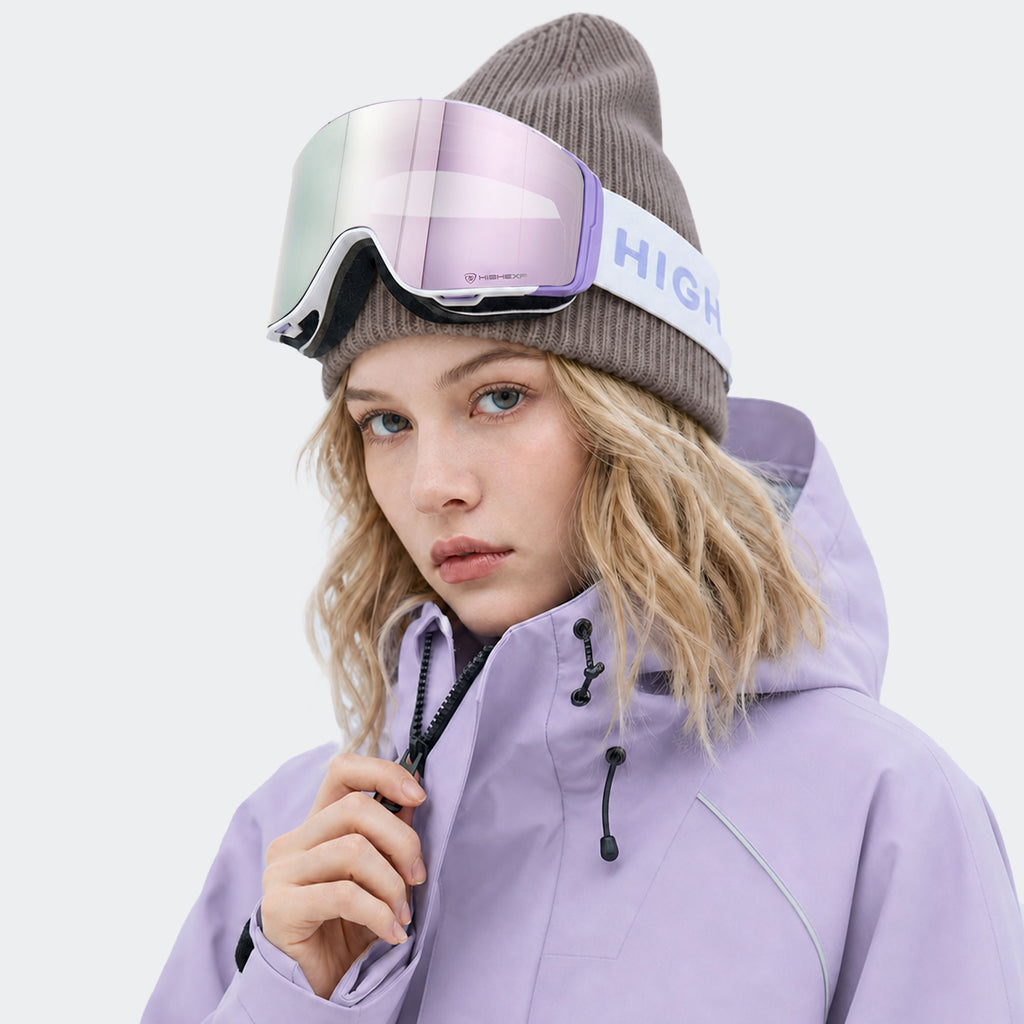 High Experience Magnetic Snow Goggles Pink Lens Purple Frame Model Wearing Side View