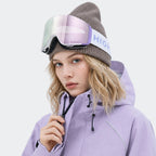 High Experience Magnetic Snow Goggles Pink Lens Purple Frame Model Wearing Side View