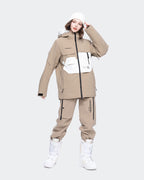 Light Khaki ski jacket side view showing hem drawstring
