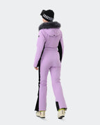 Black-Purple insulated snow jumpsuit back view – women's ski onesie
