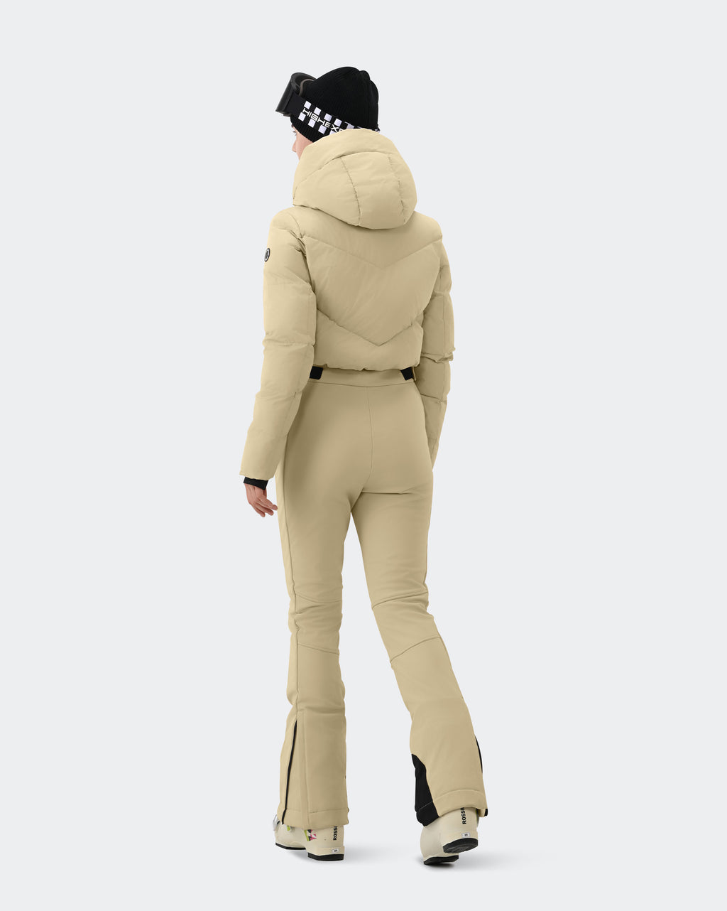 Women's Light Khaki insulated snowsuit side view showing slim fit silhouette
