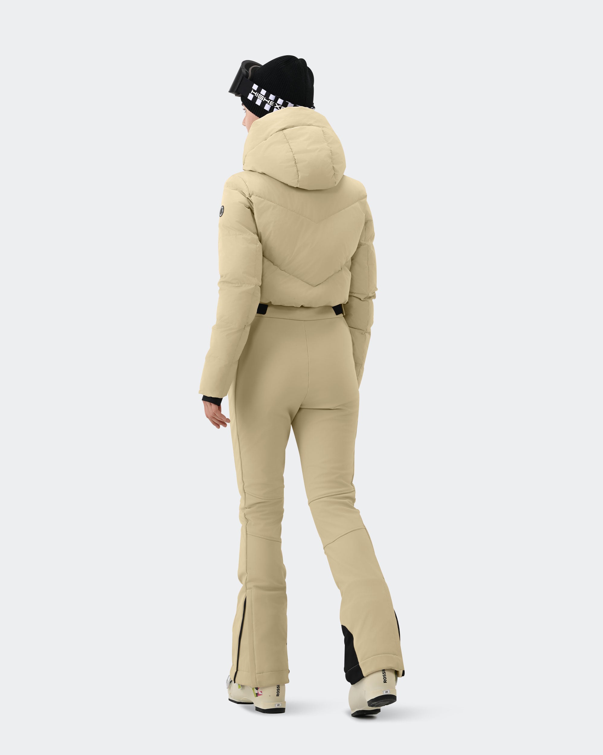 Women's Light Khaki insulated snowsuit side view showing slim fit silhouette
