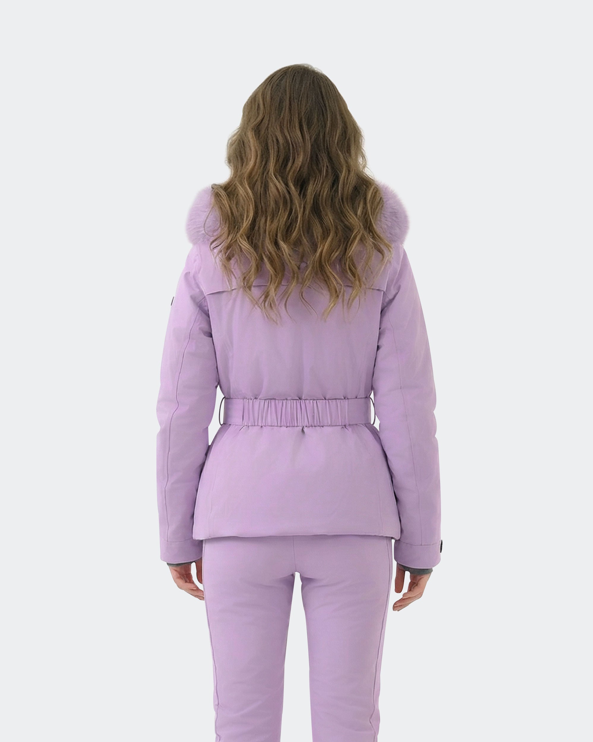 Light Purple fitted ski jacket back view – women's snowboard coat
