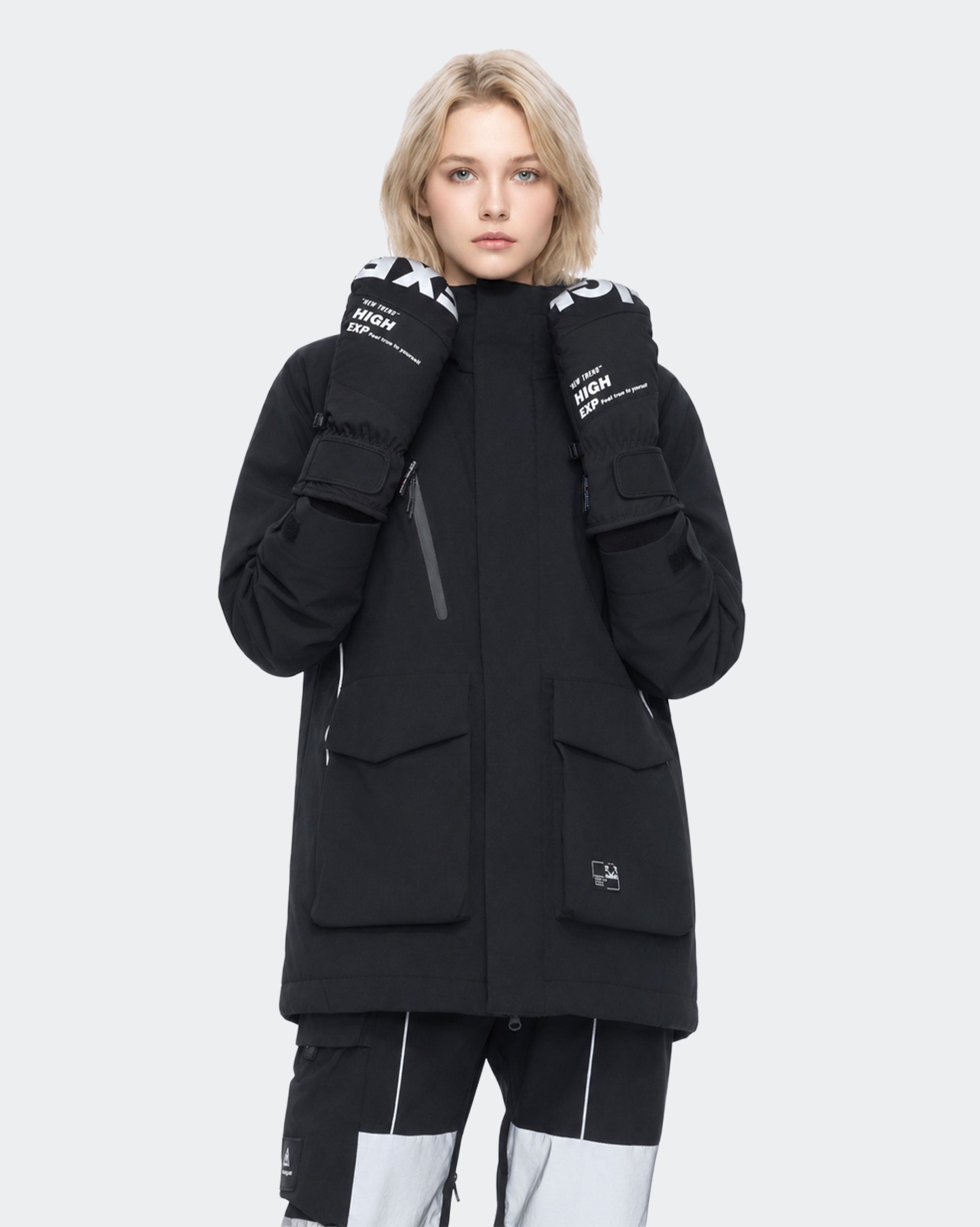 High Experience Black Ski Gloves - Female Model Wearing Black Ski Jacket for Winter Sports