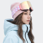 High Experience Magnetic Snow Goggles Pink Rose Lens Model Wearing Side View