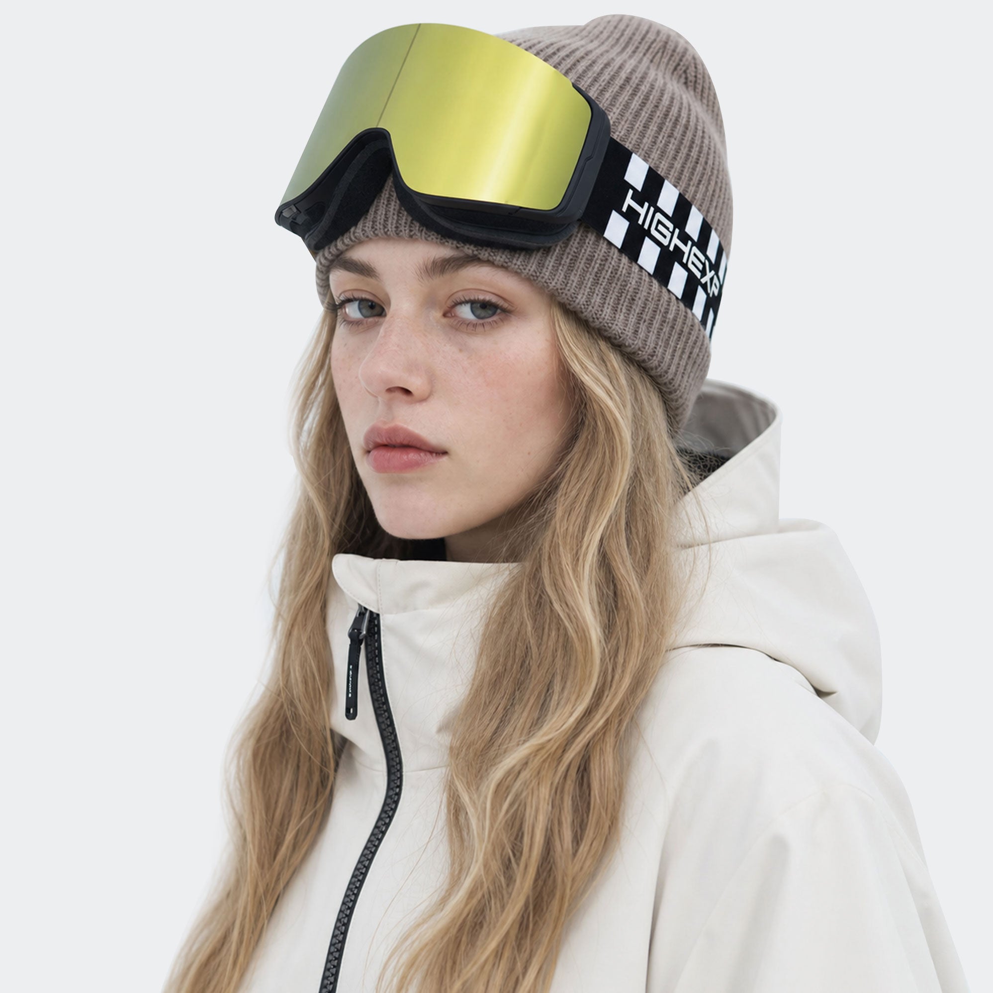 High Experience Magnetic Snow Goggles Yellow Green Lens Checkered Frame Model Wearing Side View