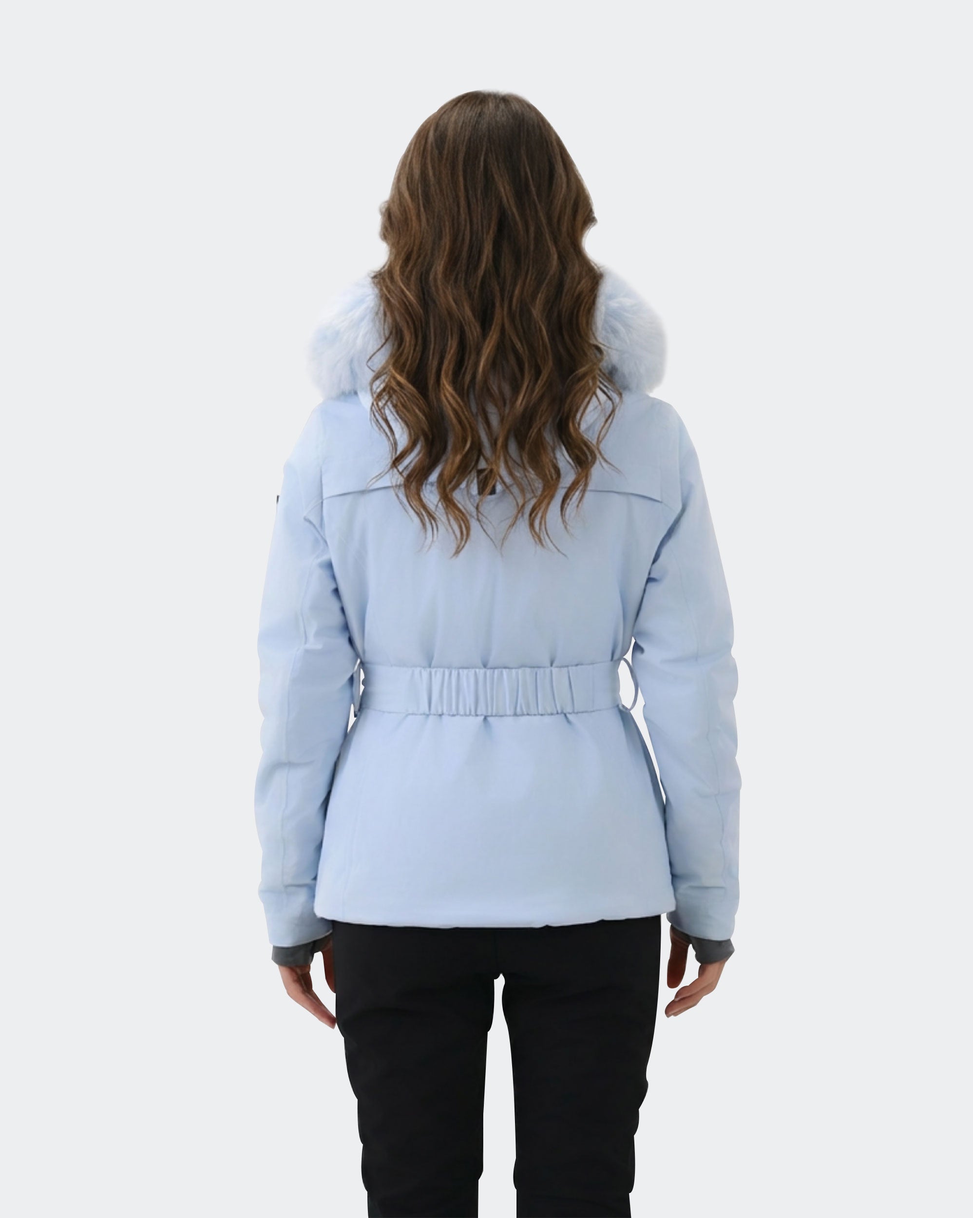 Light Blue fitted ski jacket back view – women's snowboard coat

