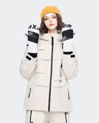 High Experience White Ski Gloves - Female Model Wearing White Ski Jacket for Winter Sports