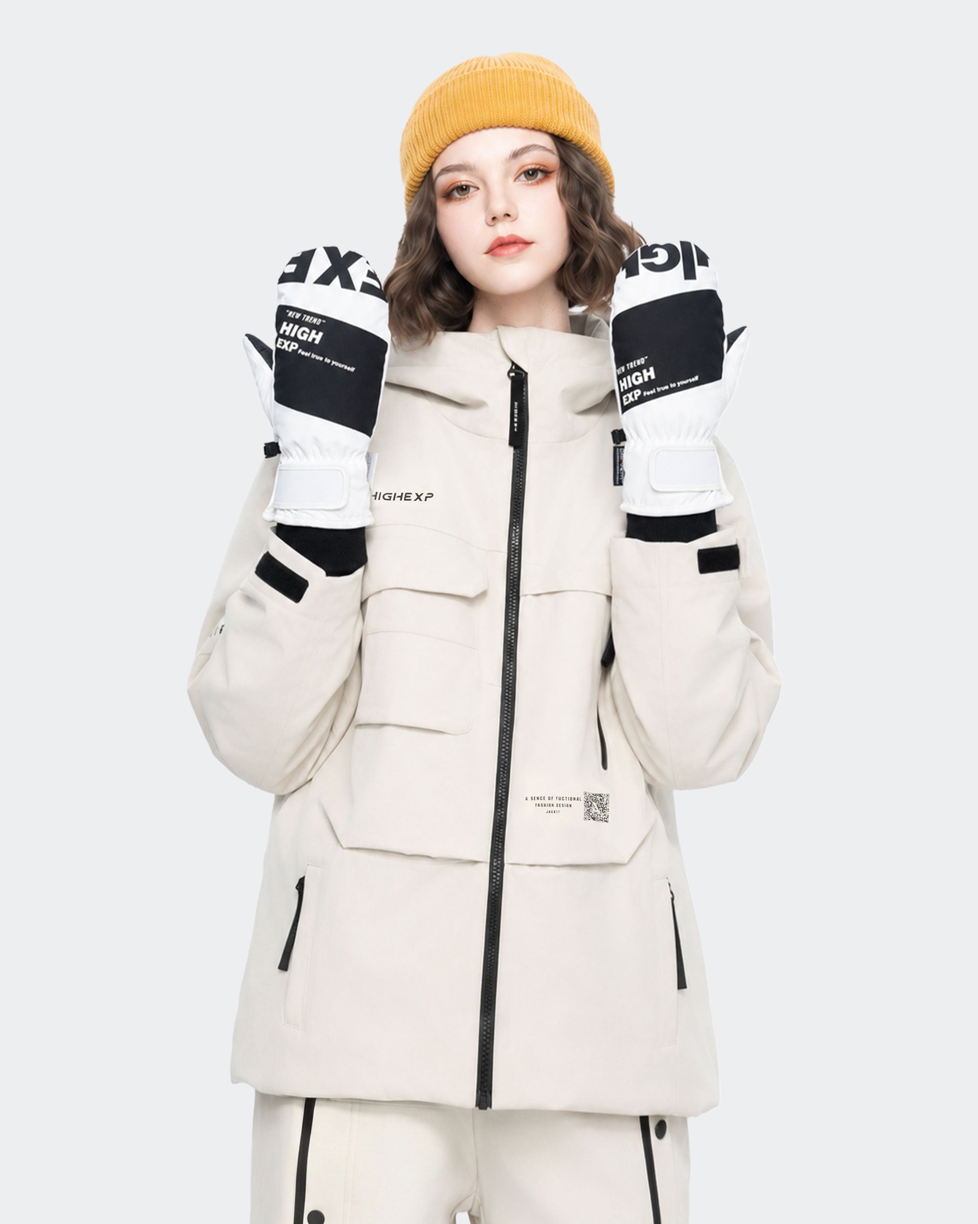 High Experience White Ski Gloves - Female Model Wearing White Ski Jacket for Winter Sports