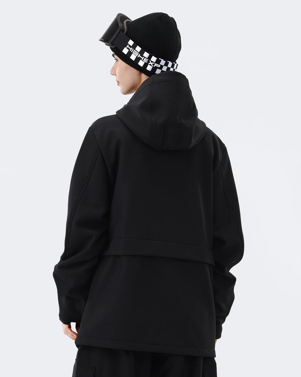Black ski hoodie pullover back view – women's snowboard jacket
