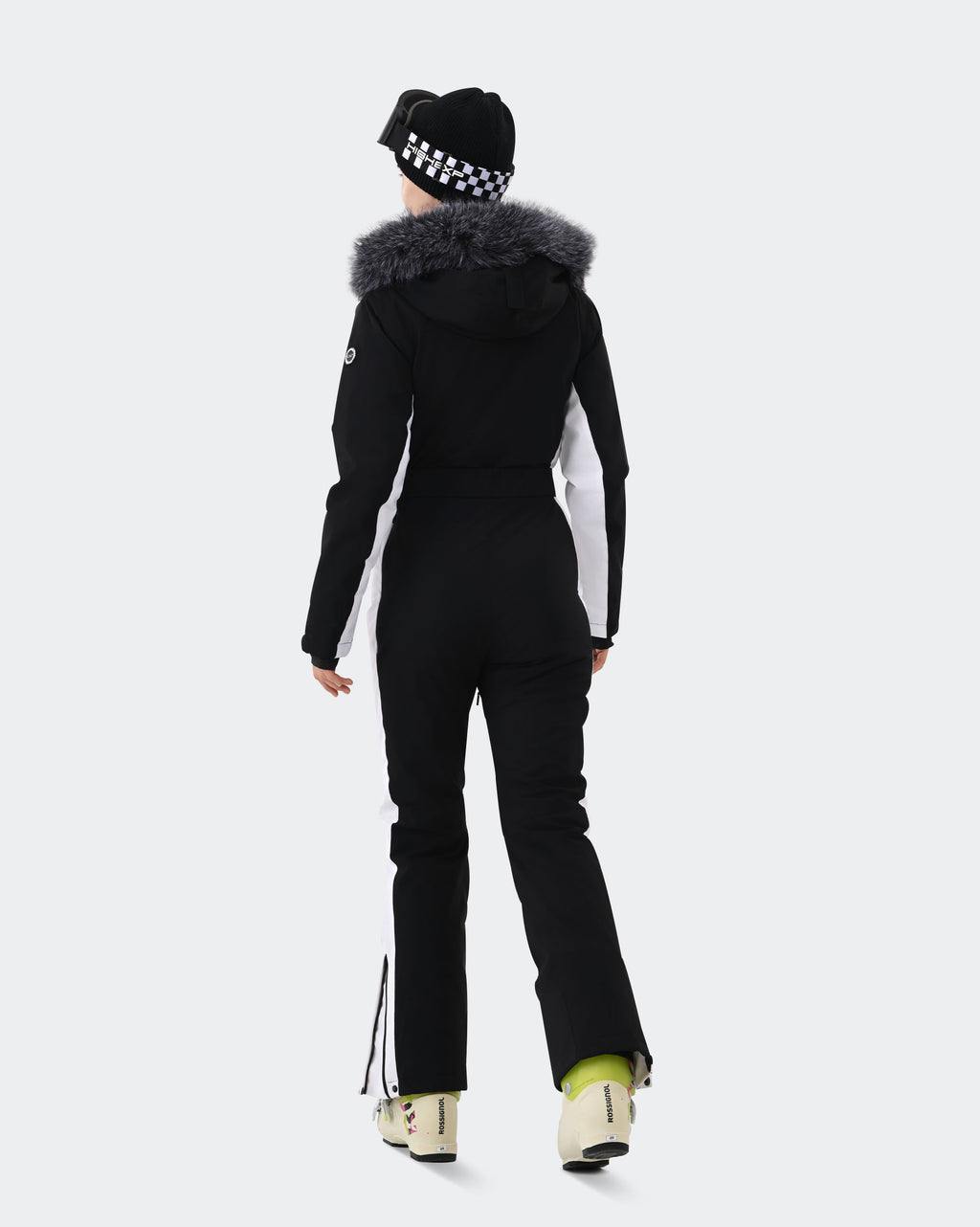 Black White insulated snow jumpsuit back view – women's ski onesie
