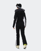 Black White insulated snow jumpsuit back view – women's ski onesie
