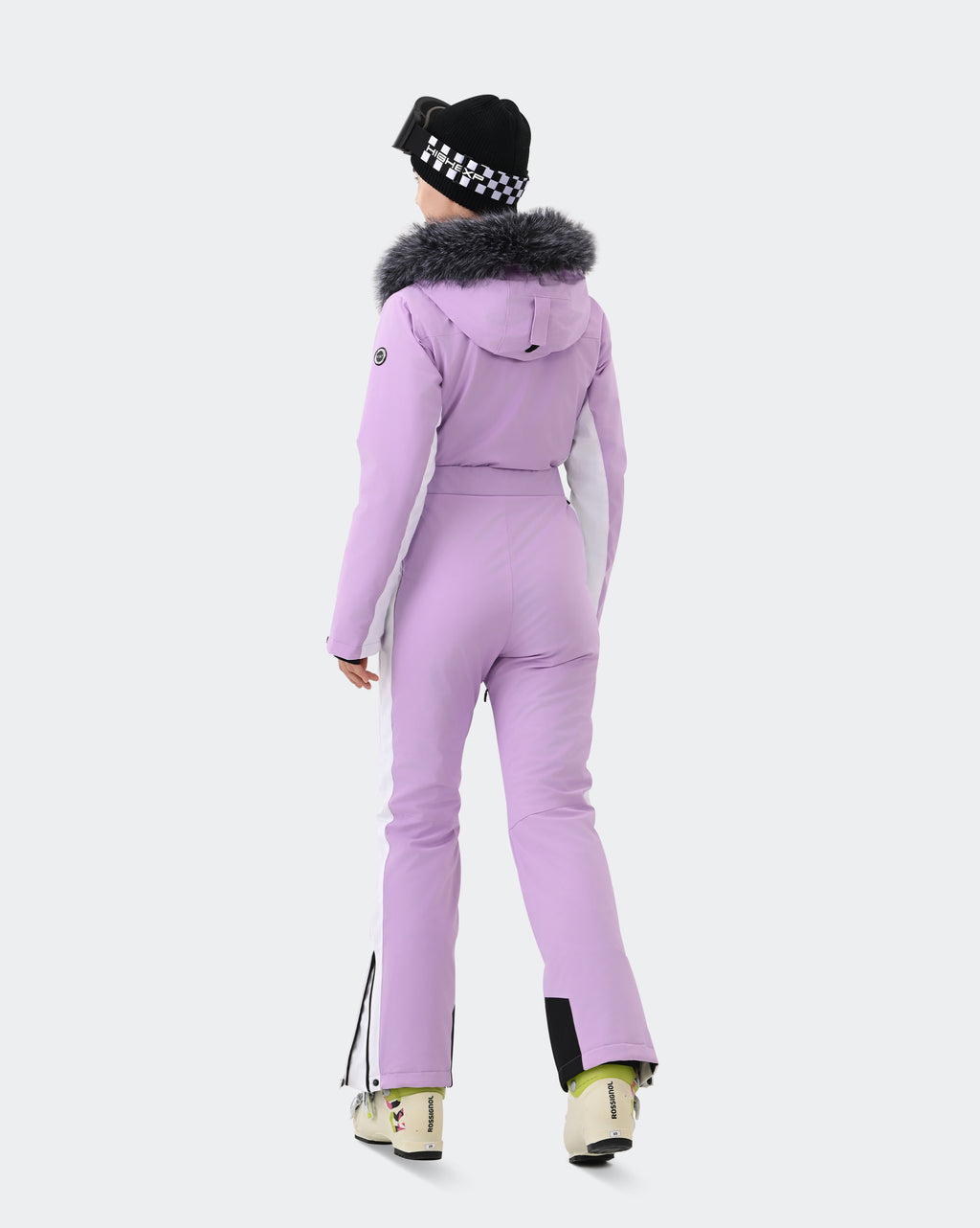 Light Purple insulated waterproof snow jumpsuit back view – women's ski onesie
