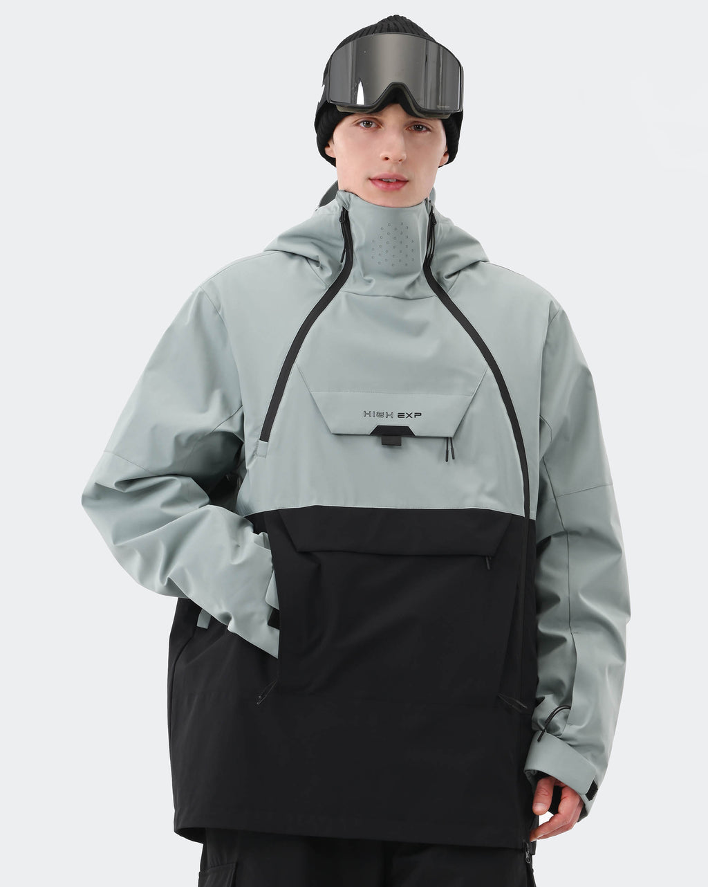 Men's 3-layer anorak ski jacket front view in Greenish Blue Black – HIGH EXPERIENCE
