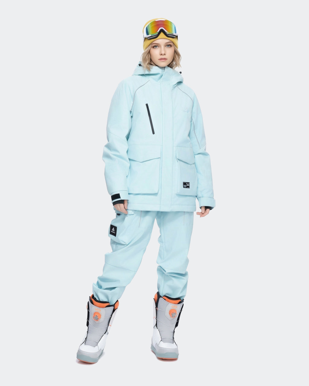 Light Blue ski jacket fit and layering space detail
