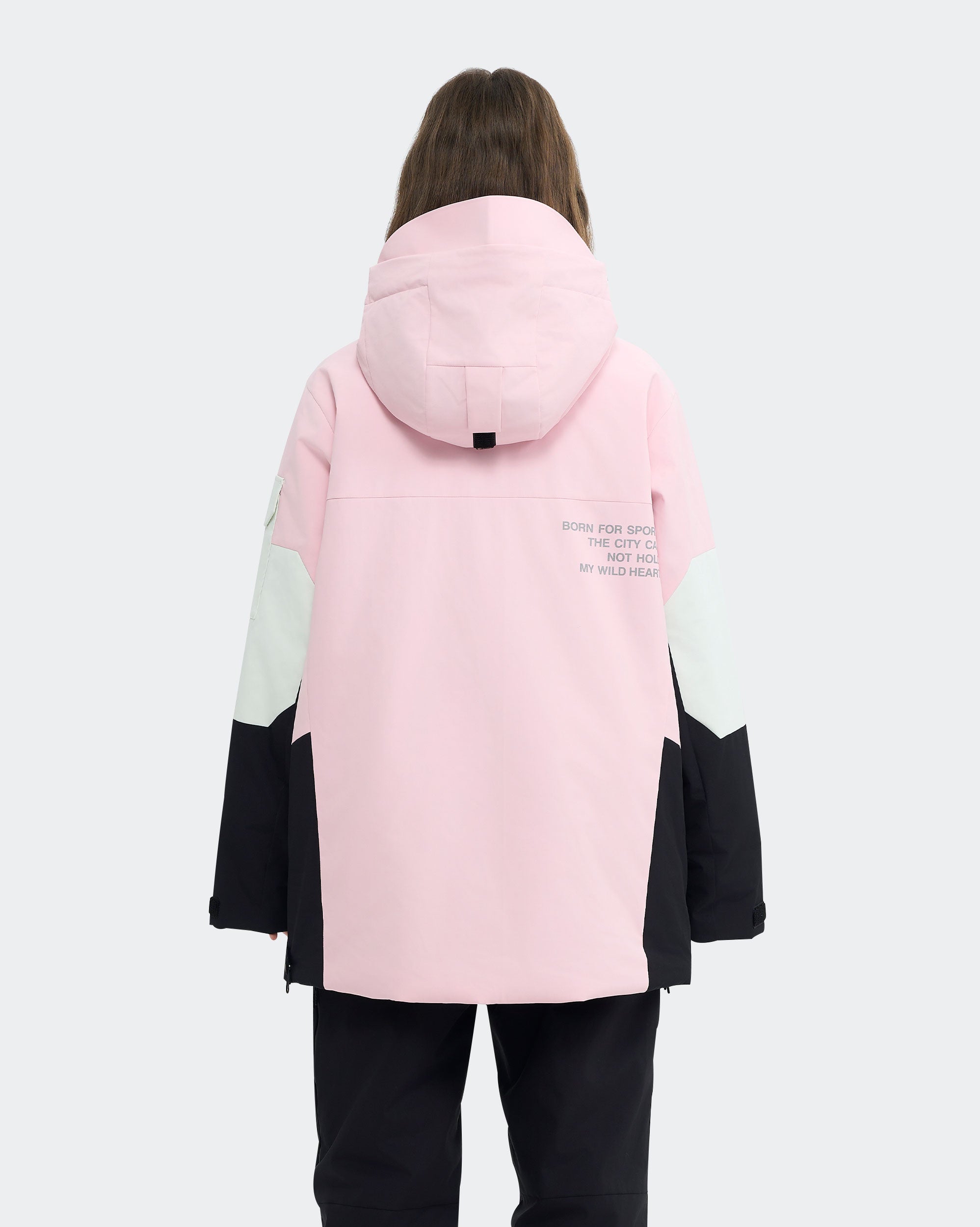 Black-Pink snowboard pullover jacket back view – women's outerwear
