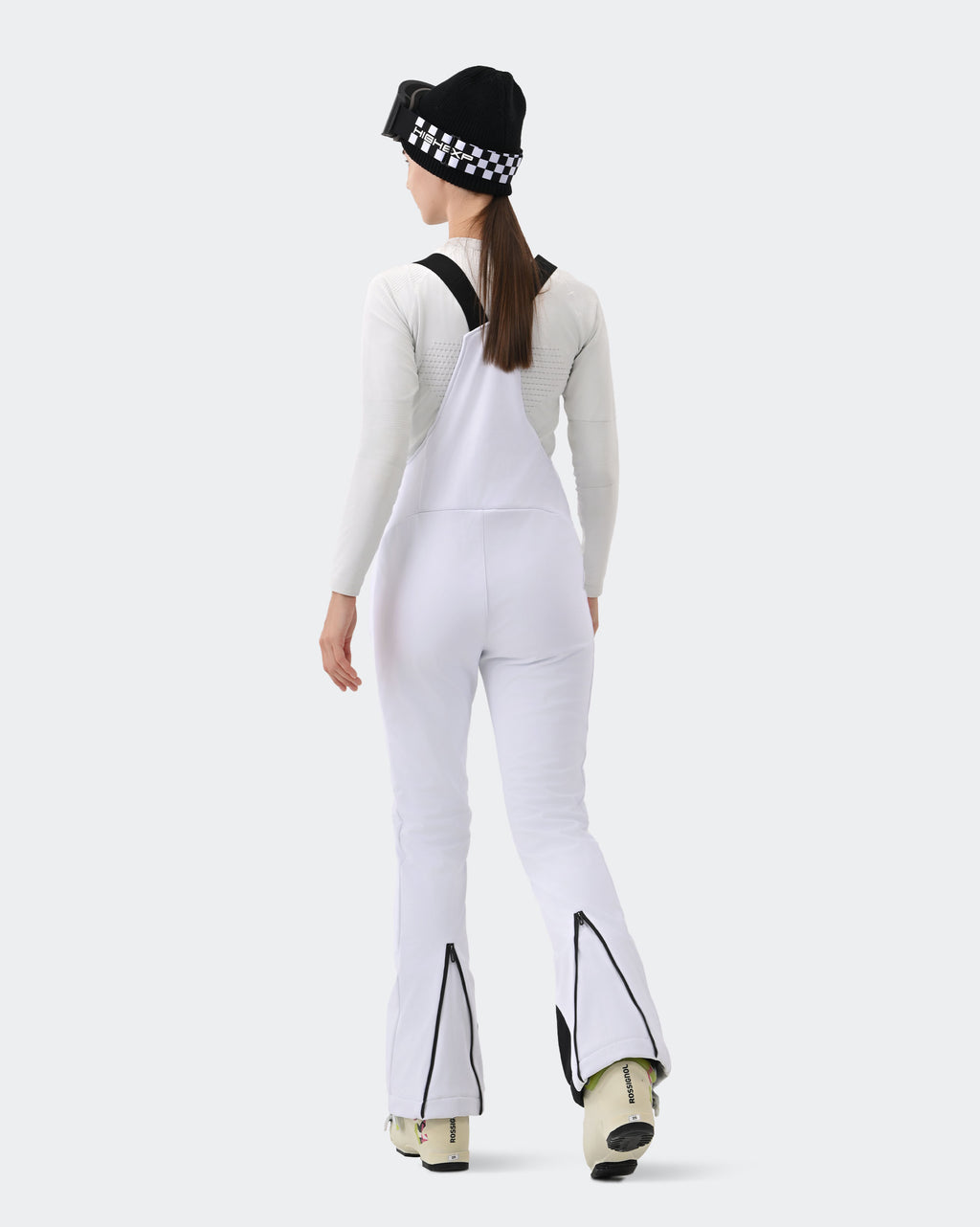 HIGH EXPERIENCE Women's Ski Bib Pants White – Waterproof Insulated Snow Overalls, Back View