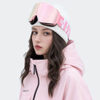High Experience Magnetic Snow Goggles Pink Frame Light Lens Model Wearing Side View