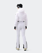 Women's White insulated snowsuit side view showing slim fit silhouette
