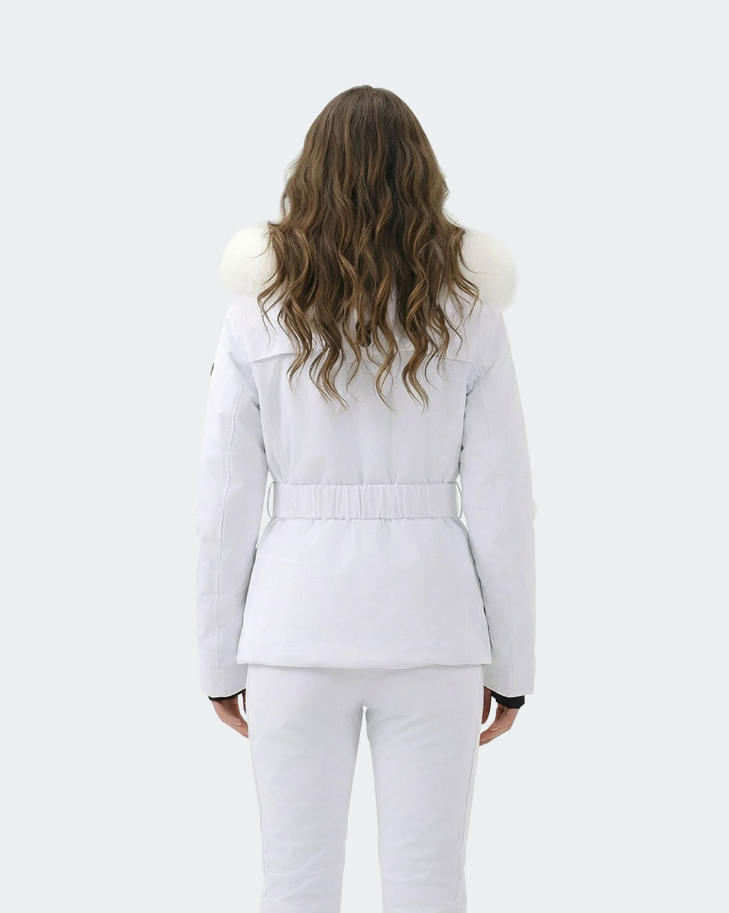 White fitted ski jacket back view – women's snowboard coat
