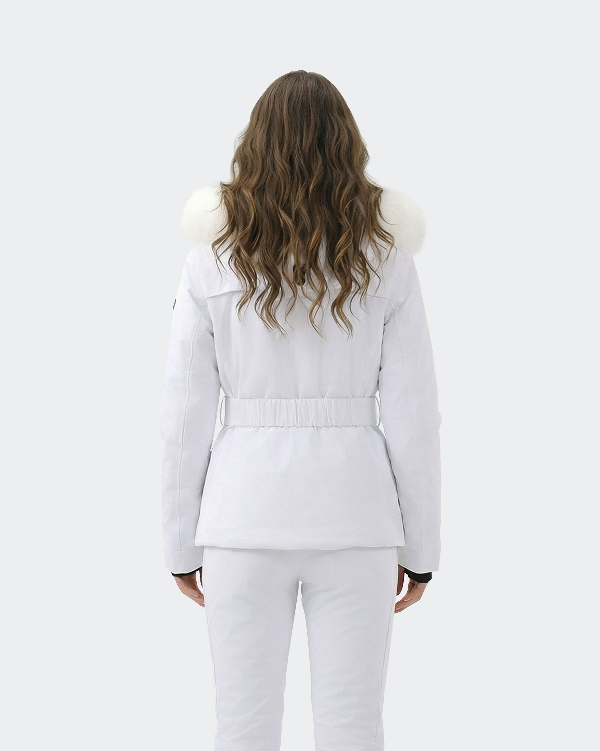 White fitted ski jacket back view – women's snowboard coat
