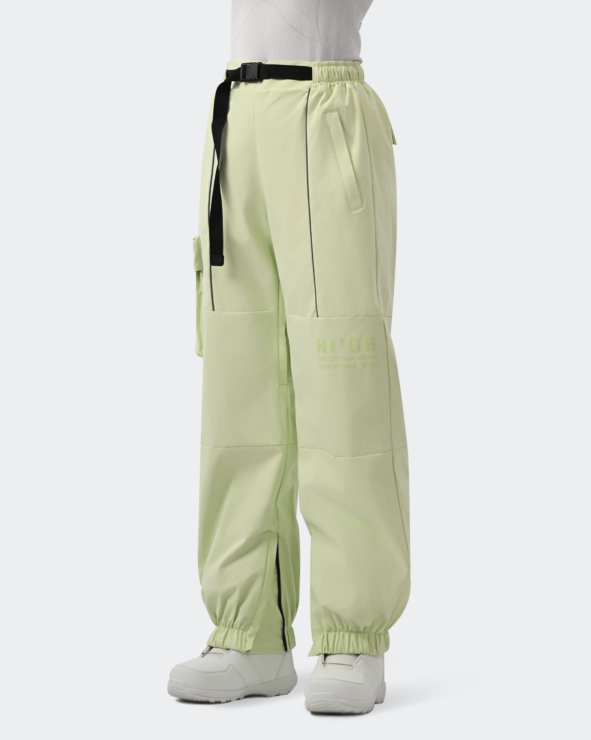 HIGH EXPERIENCE Women's Baggy Ski Pants Olive Green Side View — Waterproof Ski Pants