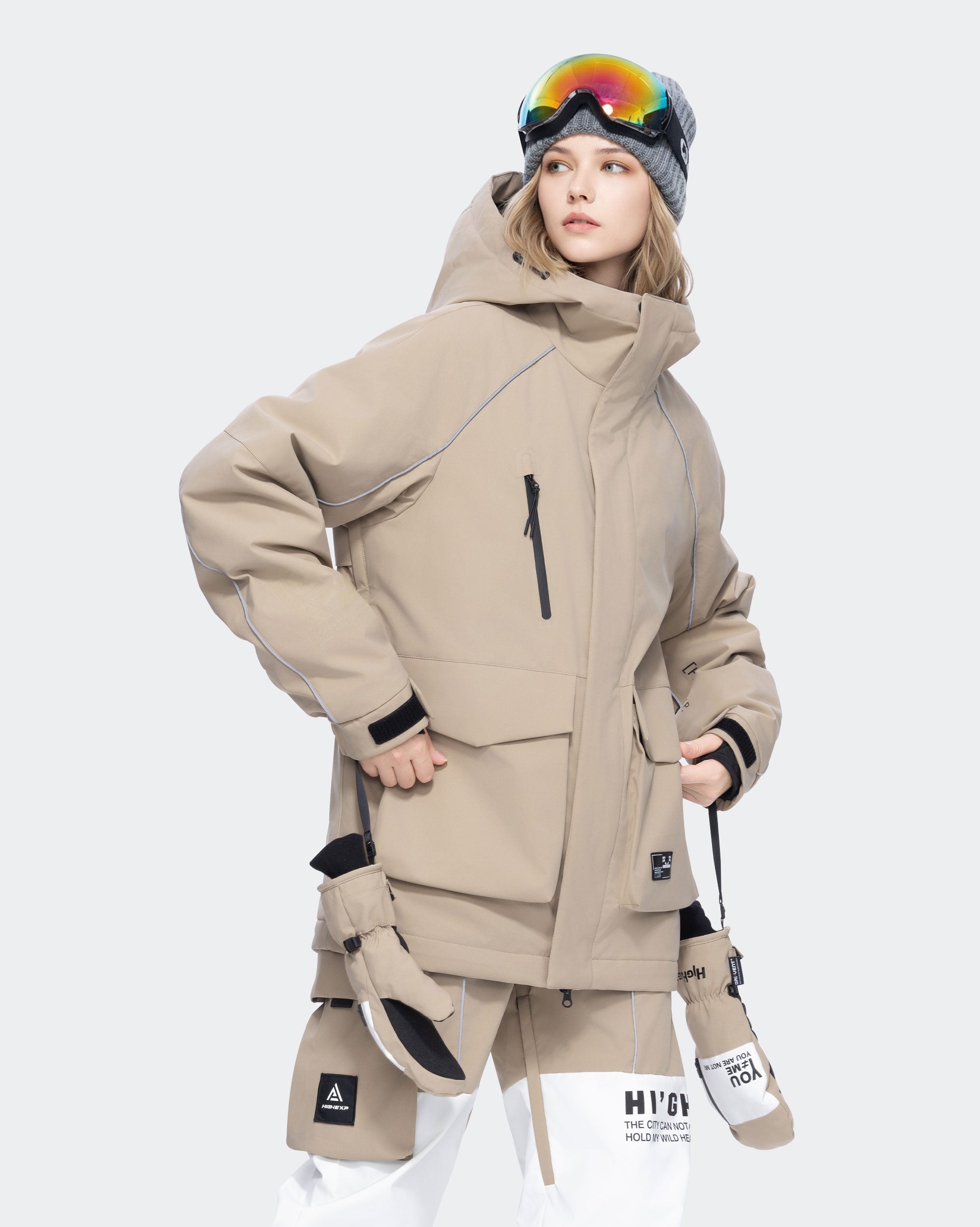 Women's Light Khaki ski jacket side profile – layering fit
