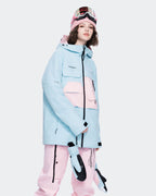 Blue ski jacket side view showing adjustable storm hood
