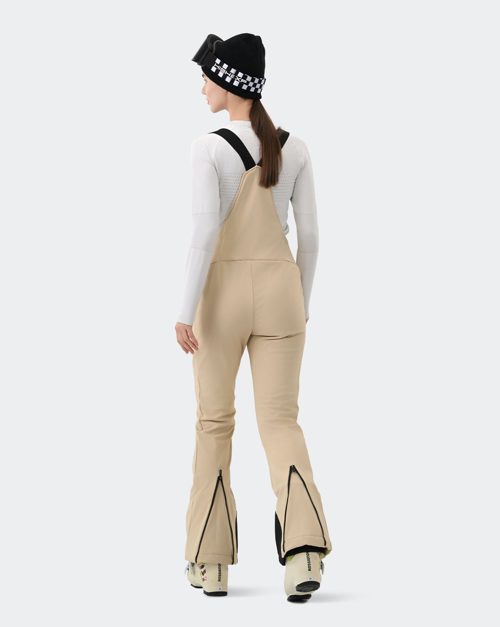 HIGH EXPERIENCE Women's Ski Bib Pants Light Khaki – Waterproof Insulated Snow Overalls, Back View