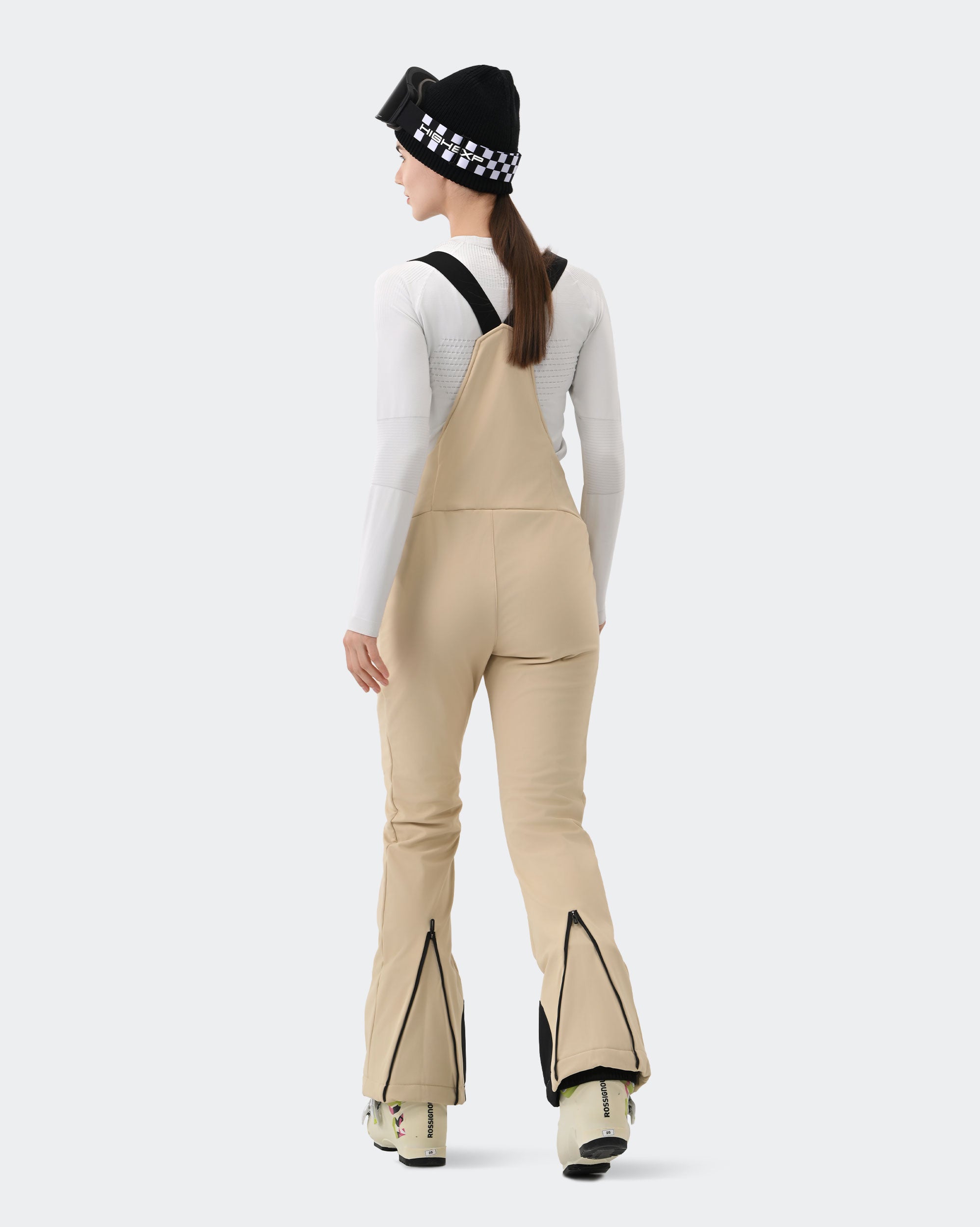 HIGH EXPERIENCE Women's Ski Bib Pants Light Khaki – Waterproof Insulated Snow Overalls, Back View