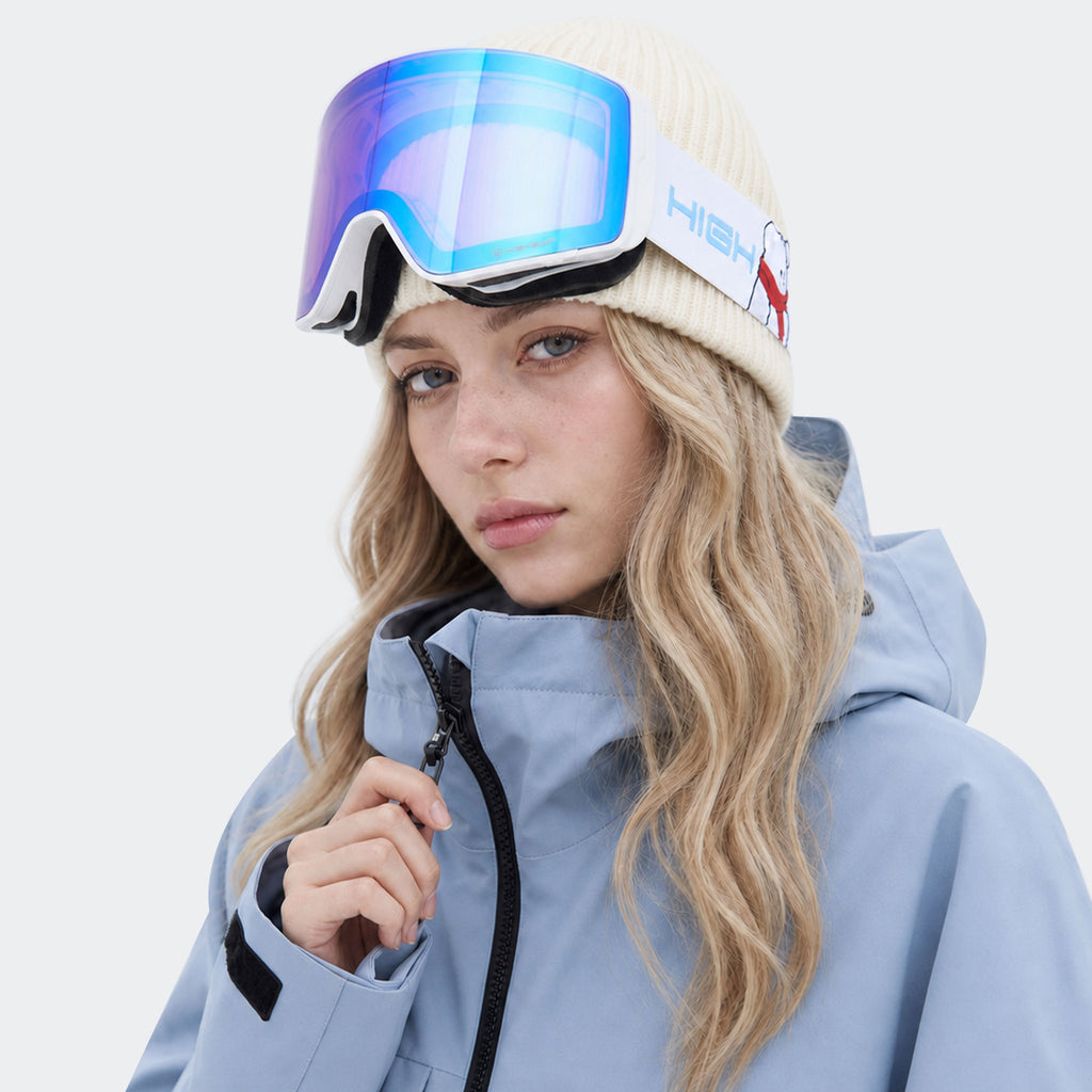 High Experience Magnetic Snow Goggles Blue Lens Light Blue Frame Model Wearing Side View