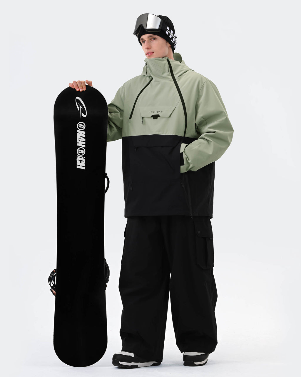 Men wearing Light Green 3-layer anorak snowboard jacket powder day
