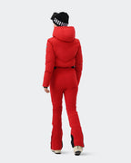Women's Red insulated snowsuit side view showing slim fit silhouette
